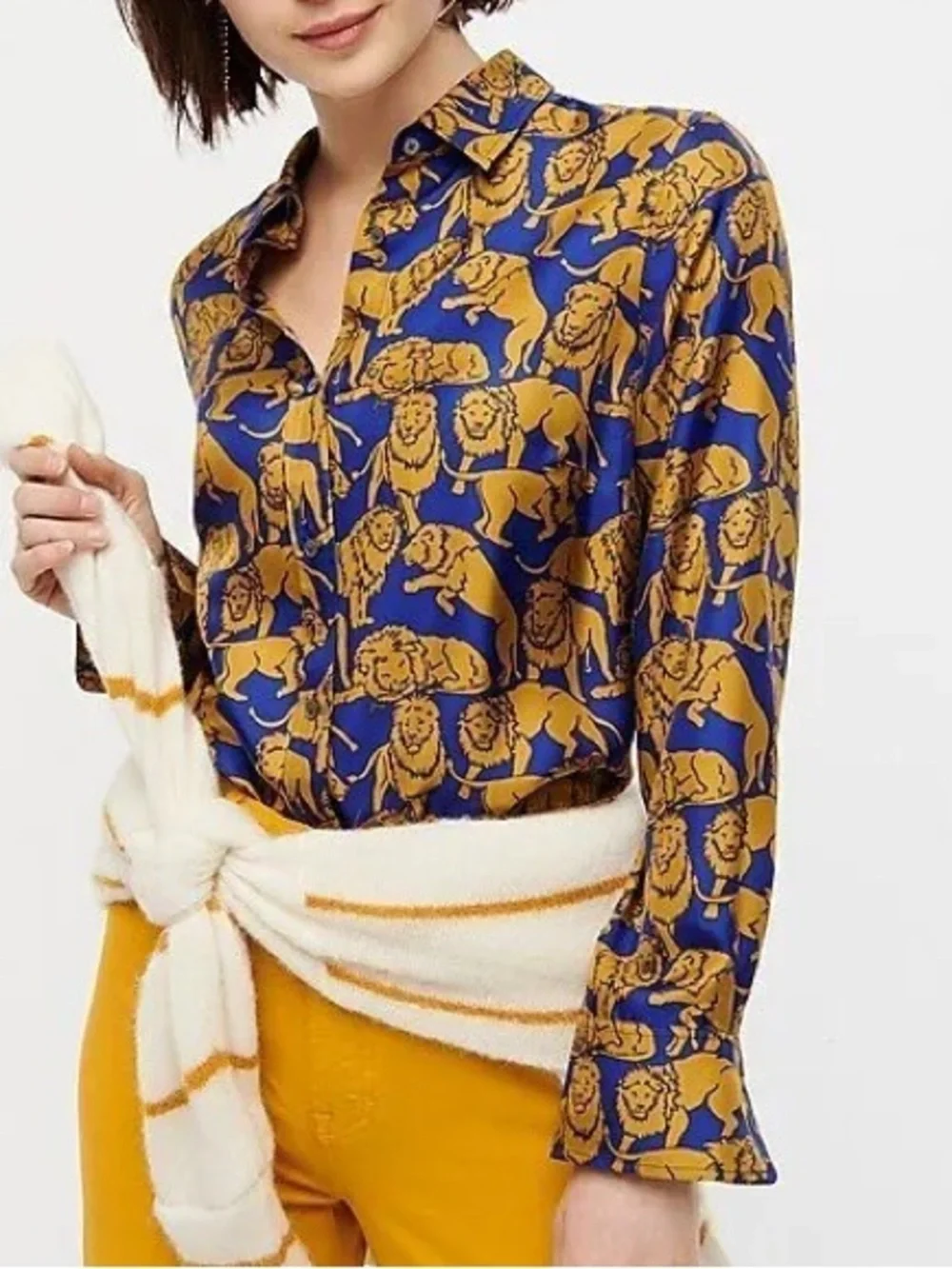 JCrew 100% Silk Buttondown Shirt Blue Gold Lions